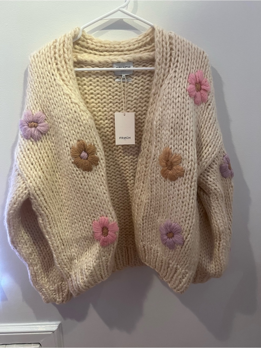 FRNCH Cream Chunky Knit Cardigan with Pink, Lavender & Tan Floral Embroidery